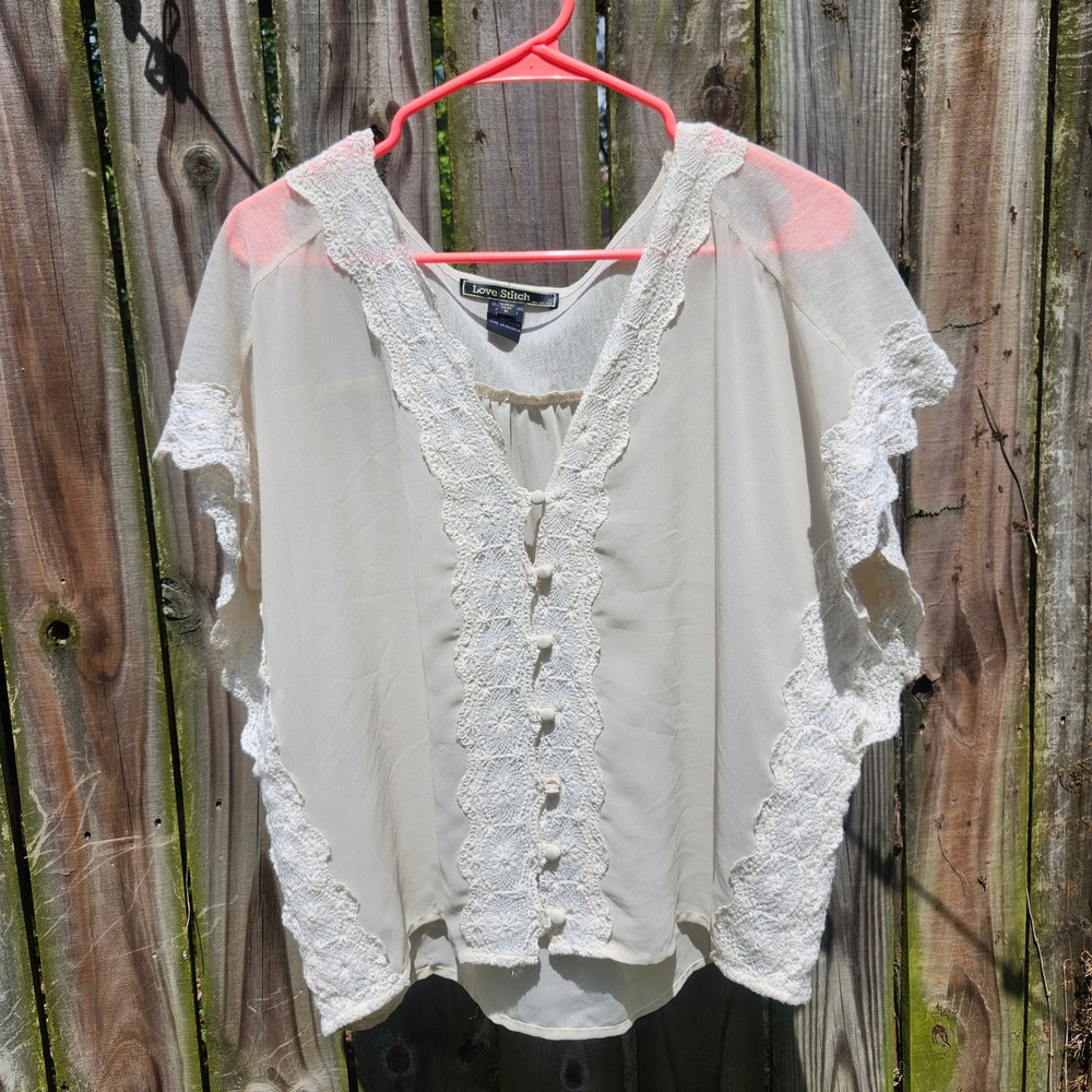 Love Stitch Cream Crochet Lace Trim Sheer Boho Blouse V-Neck Button Front Medium